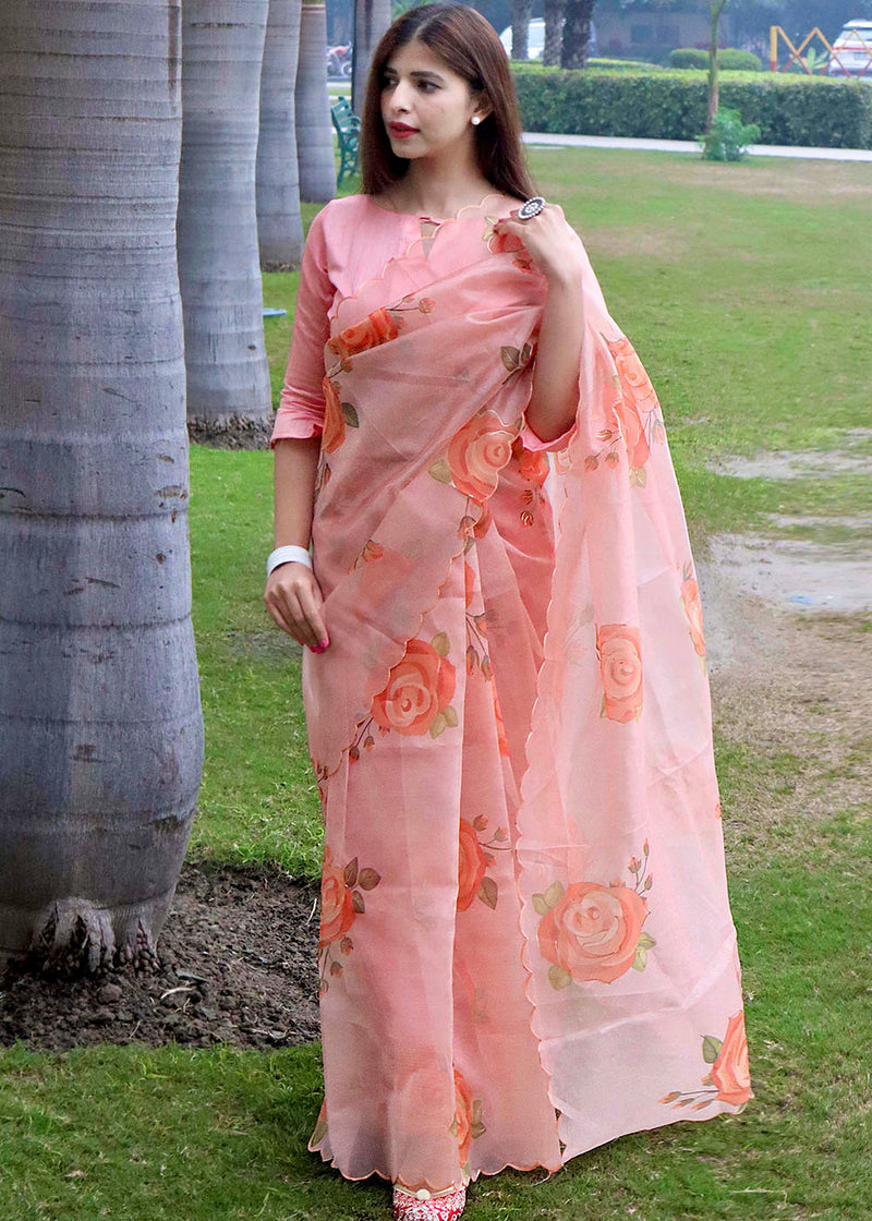 Peach Pink Woven Satin Silk Saree With Contrast Brocade Blouse – Zari  Banaras